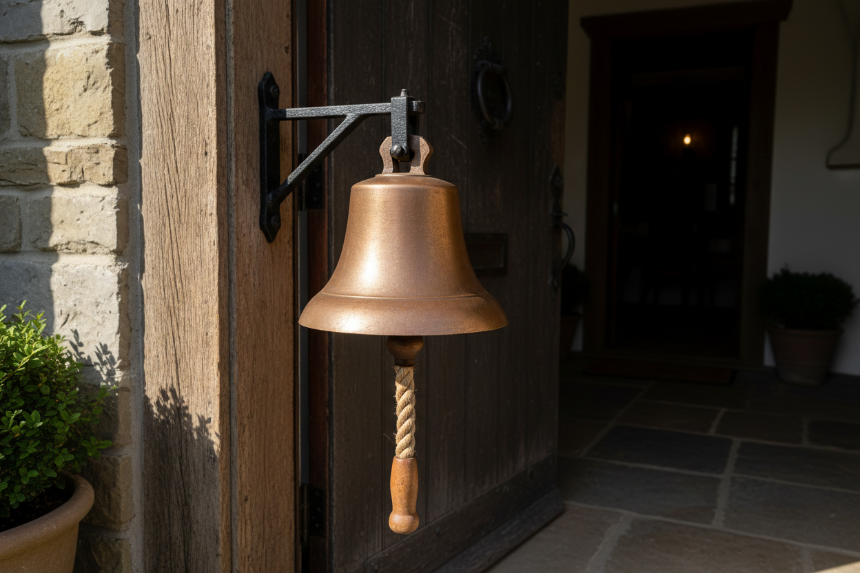a medium sized bell hanging by the door